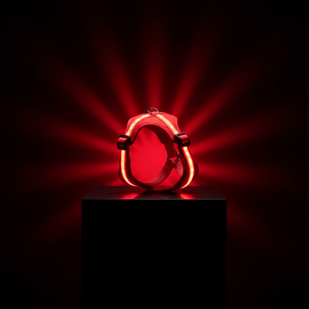 Arnés rojo pedestal fondo negro glow